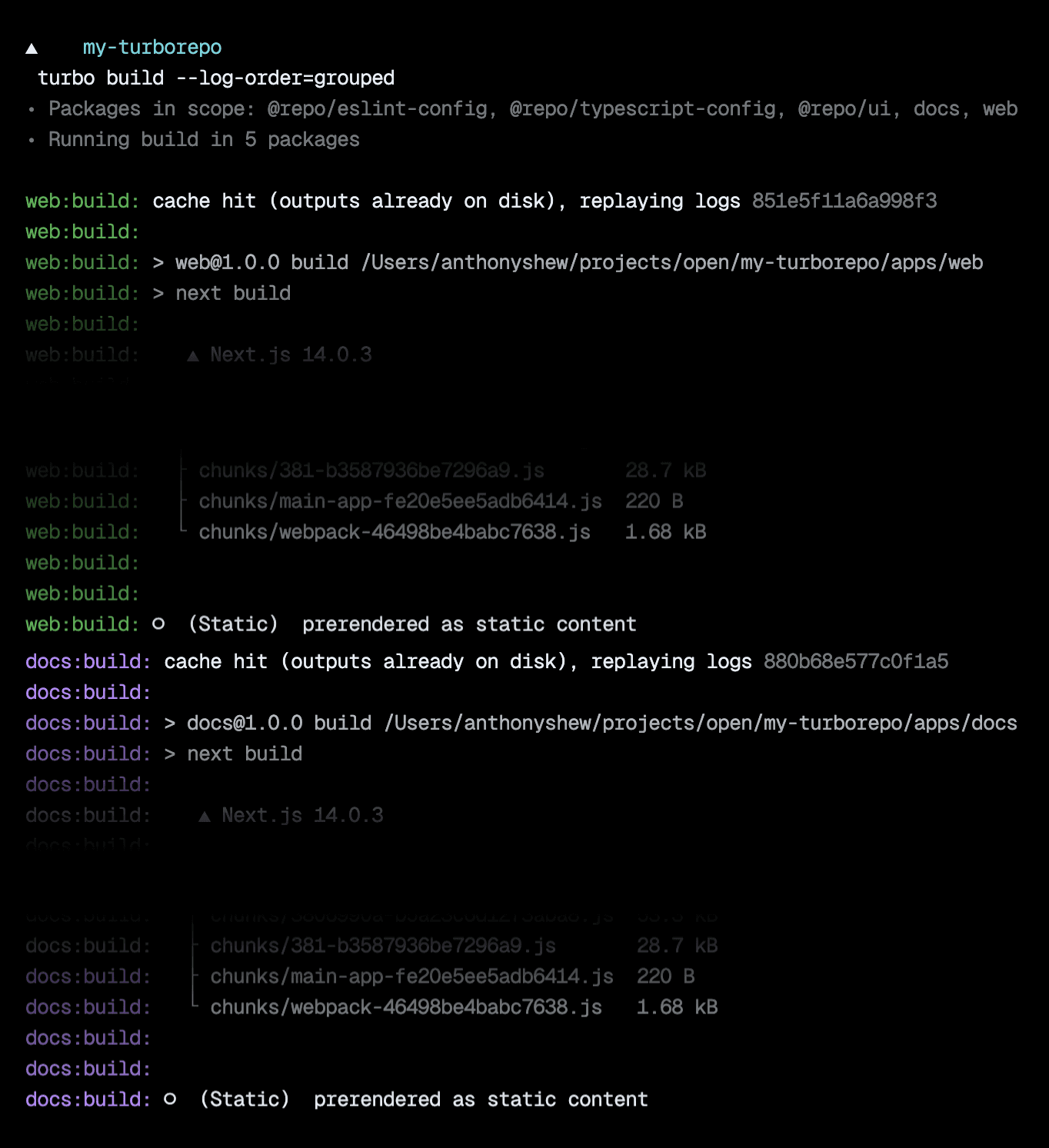 Using `--log-order=grouped` to output task logs to the terminal as separated chunks separated by task.